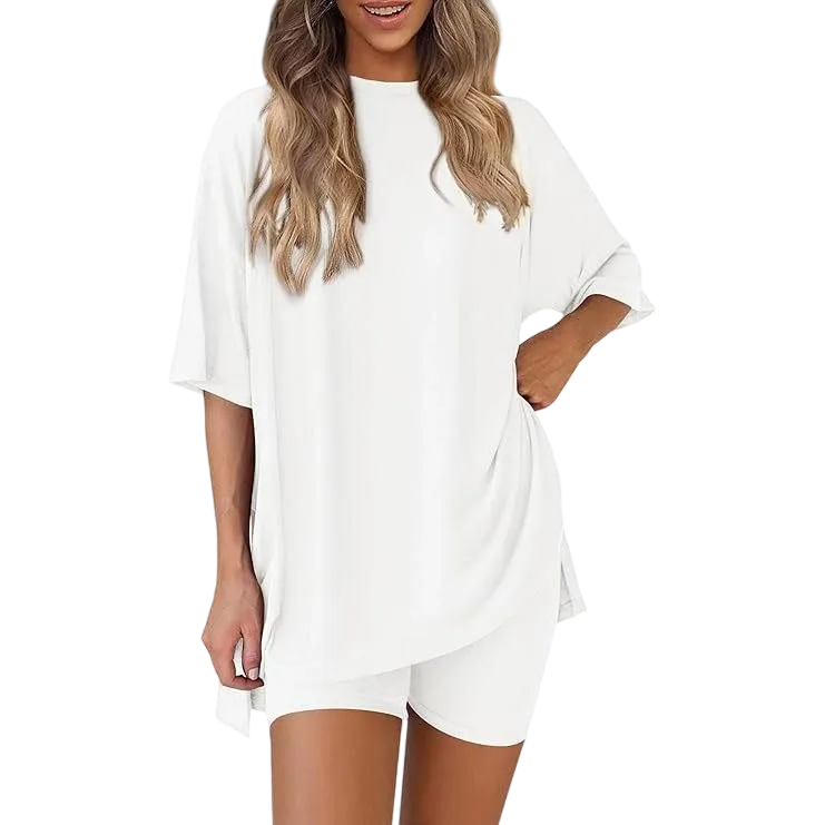 Women's Casual Oversized Crewneck Split Hem Shirts & Side Pocket Shorts Set