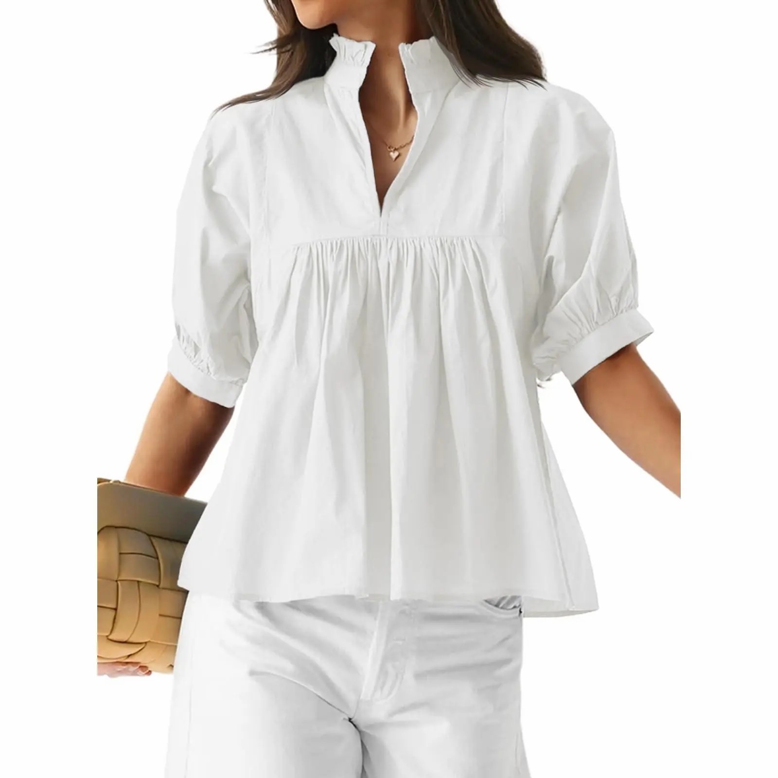 Womens V Neck Puff Sleeve Blouse Babydoll Peplum Tops Dressy Casual Pleated Loose Fit Shirts