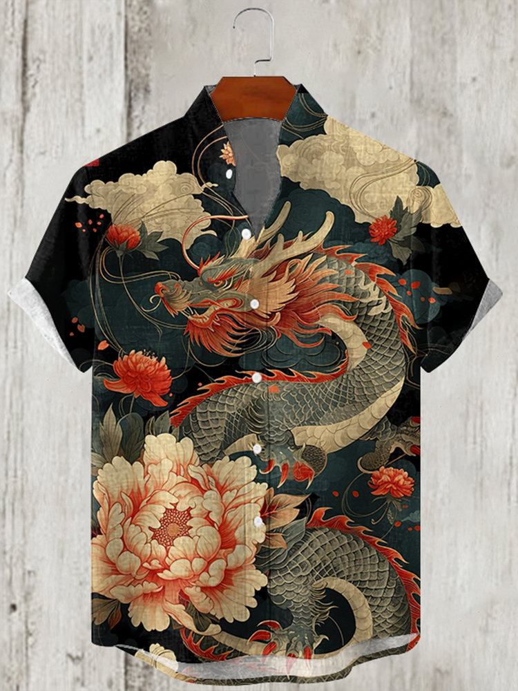 Men's Japanese Art Dragon Linen Blend Cozy Shirt