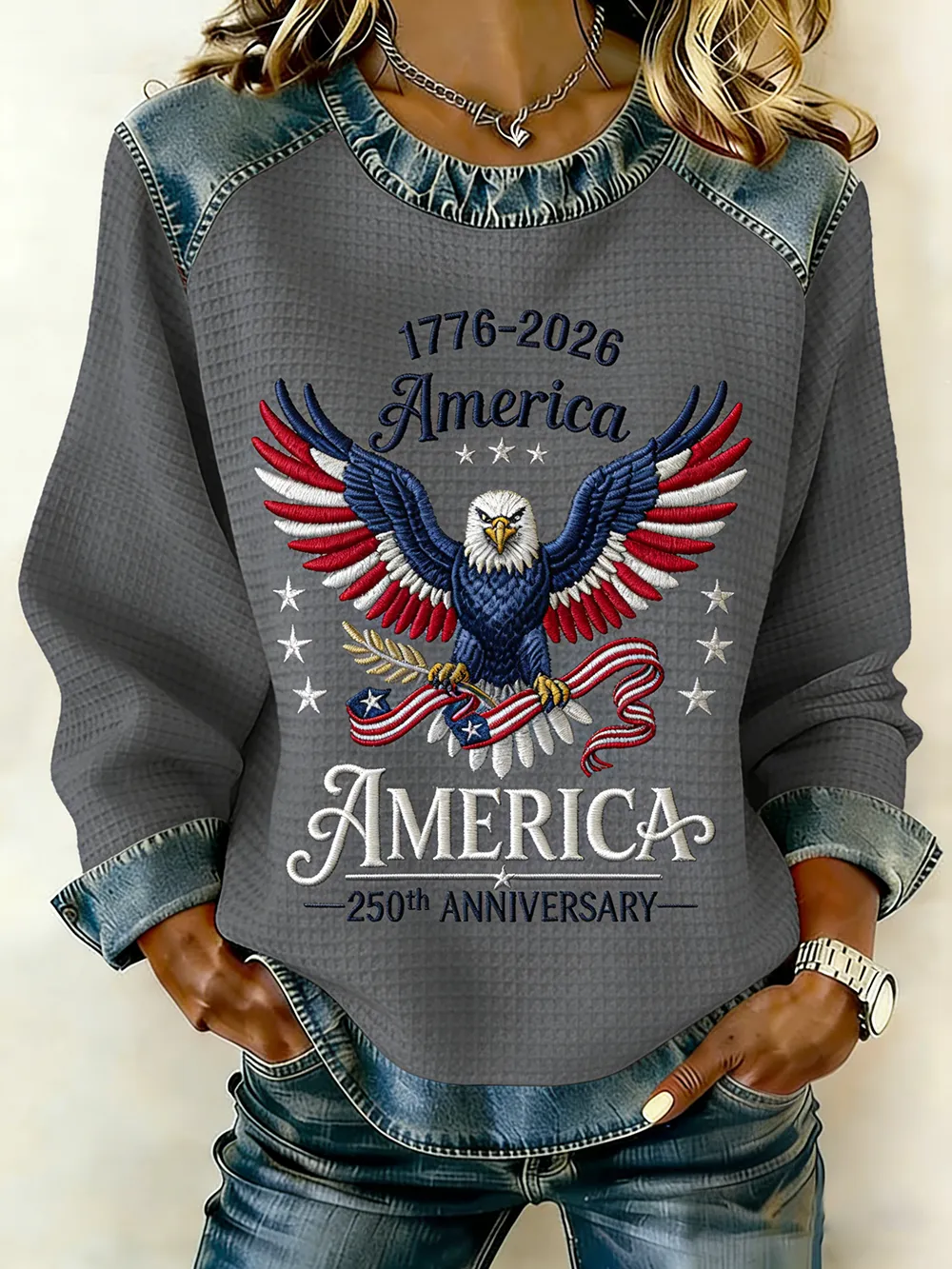 America 250th Anniversary Eagle Embroidered Waffle Knit Top