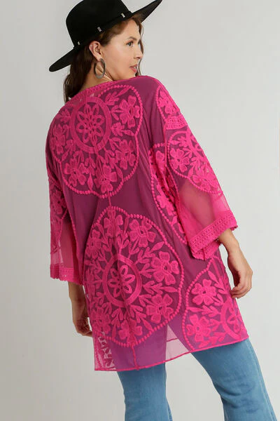 Floral Lace Open Front Kimono Sleevee Cover Up with Waist Tie