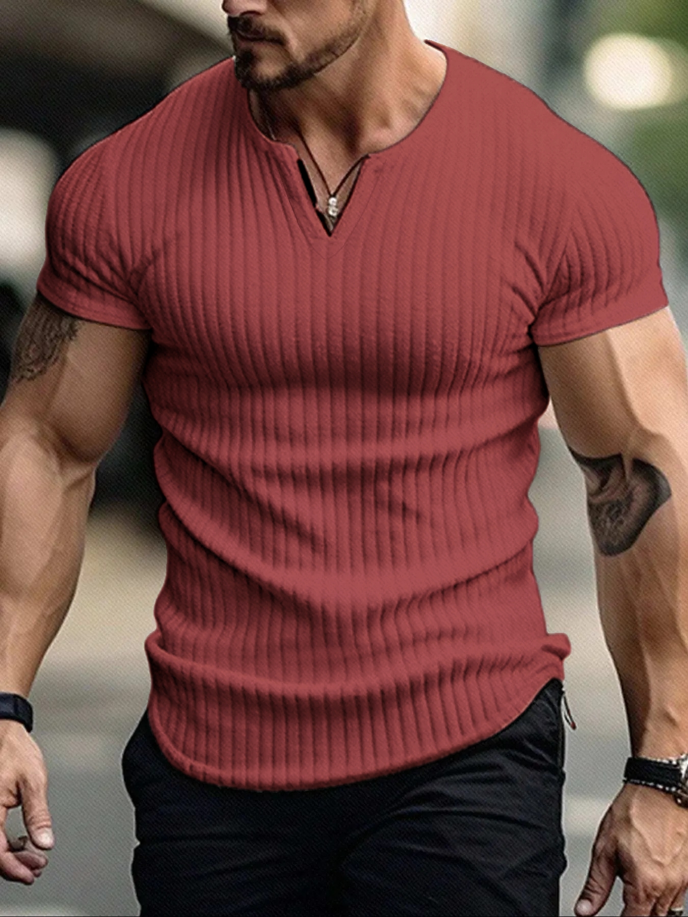 Men's Vertical Striped V-Neck Short Sleeve T-Shirt