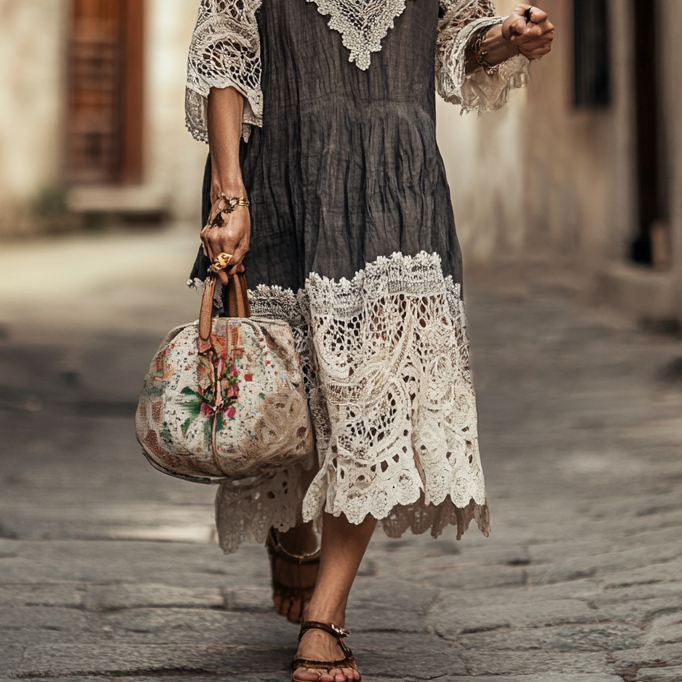 Vintage Loose Linen Patchwork Dress 9276