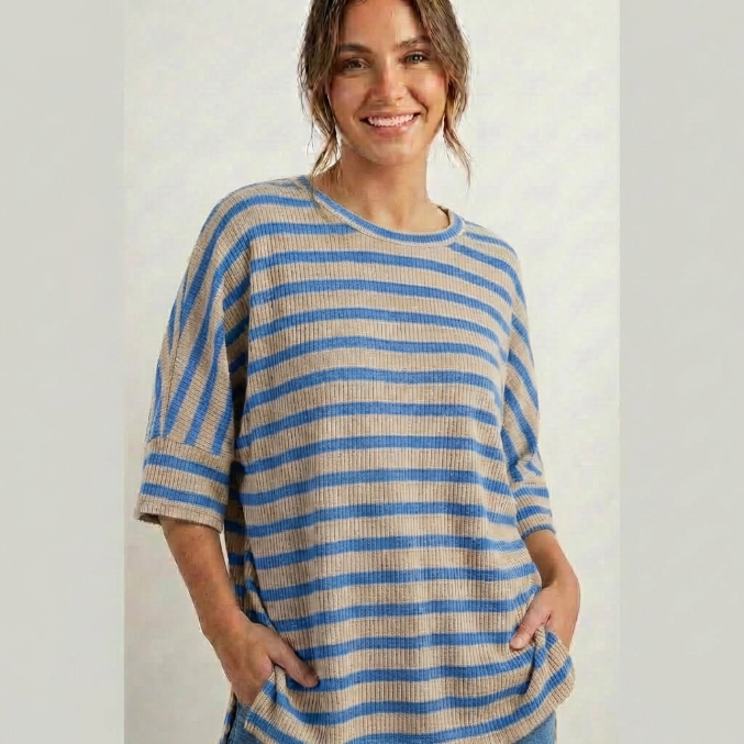 Women's Ribbed Striped 3/4 Sleeve Top – Easy Fit Everyday Essential