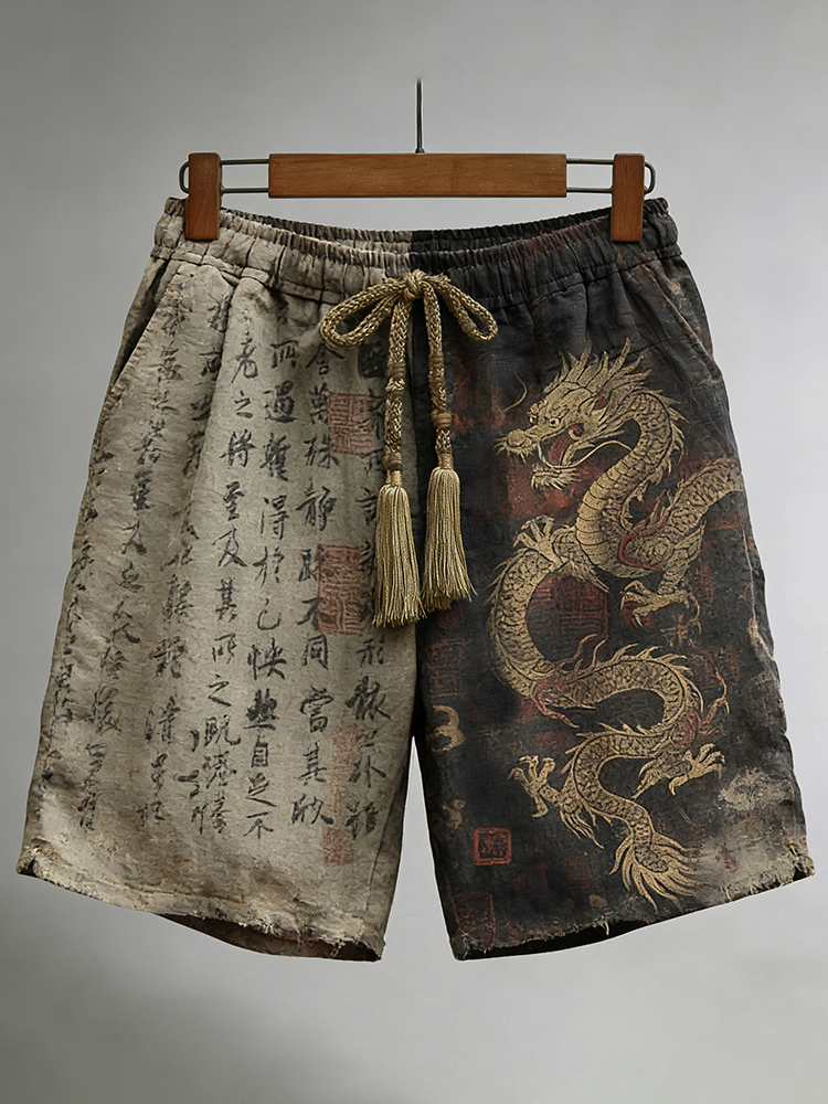 Men's Calligraphy With Dragon Art Pattern Linen Blend Casual Shorts