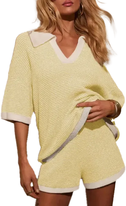 Women's Striped Knit Two-Piece Set – Short Sleeve Sweater Top & Elastic Waist Skirt, Casual Summer Outfit