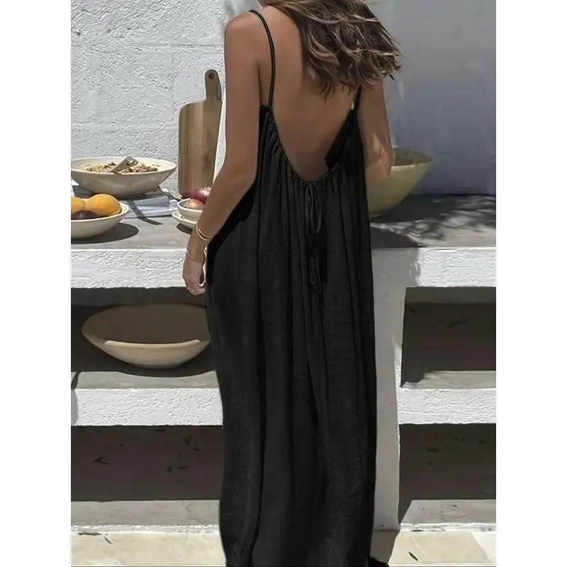 Women's Solid Color Cami Lounge Dress, Elegant Sleeveless Long Dress for Summer, Ladies Sleepwear for Indoor Wear