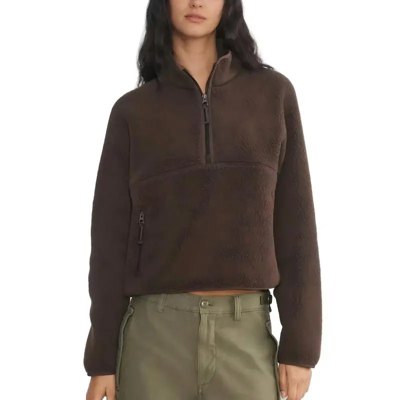 Women’s Fleece Cropped Pullover – Half Zip Sherpa Jacket with Pockets