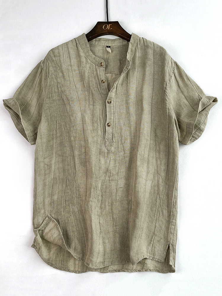 Vintage Linen Solid Henley Collar Shirt