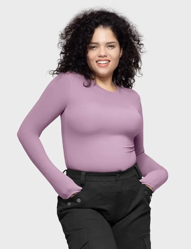 Long Sleeve Basic Tee Women's Crew Neck Slim Fit Tops Streetwear Minimalist Double Layer Compression Tee