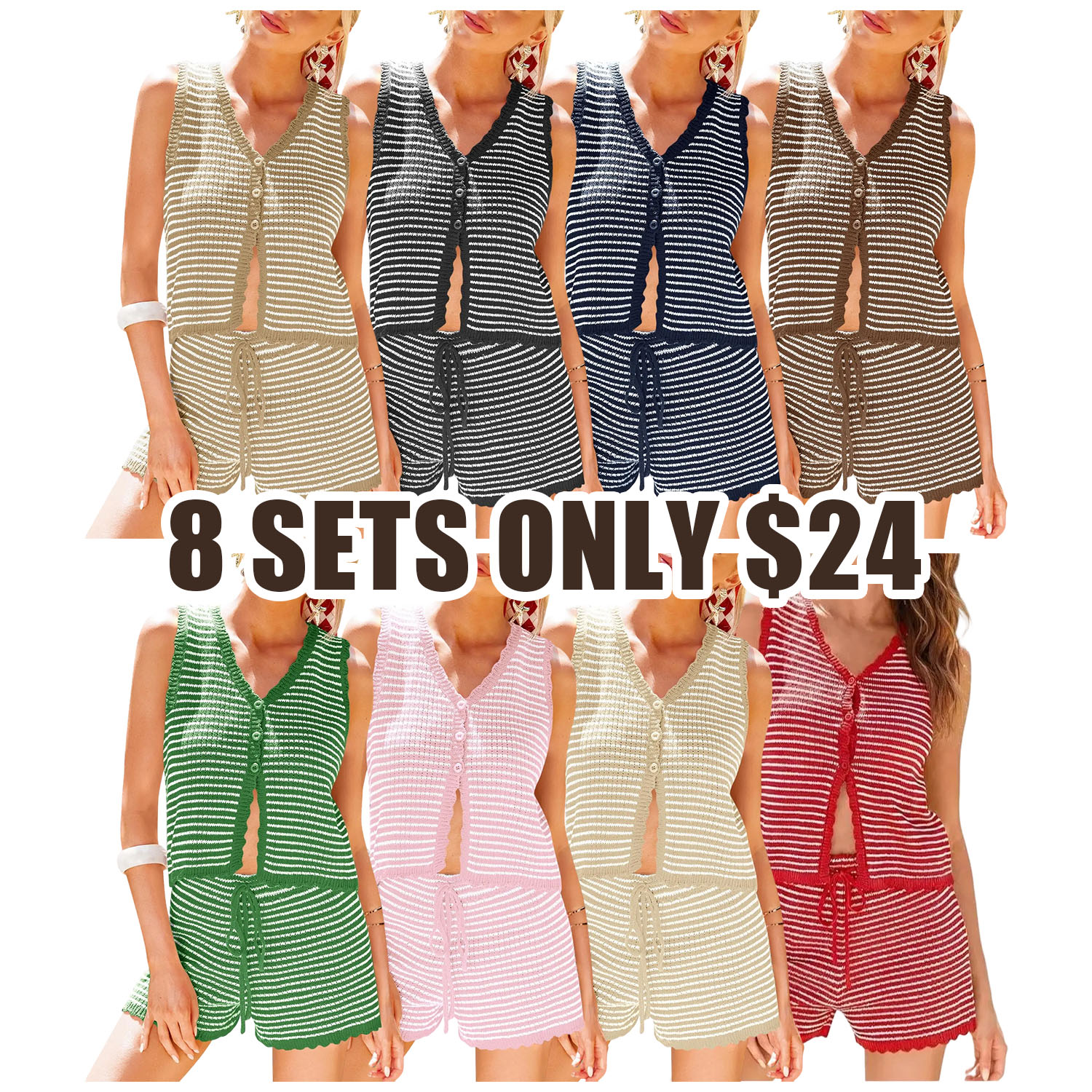 Womens 2 Piece Matching Lounge Sets Striped Button Down Knit Vest Tops &  Shorts Pajama Sets  Casual Summer Vacation Y2K two piece Outfits Chic Womenswear Suits Everyday Clothes Style