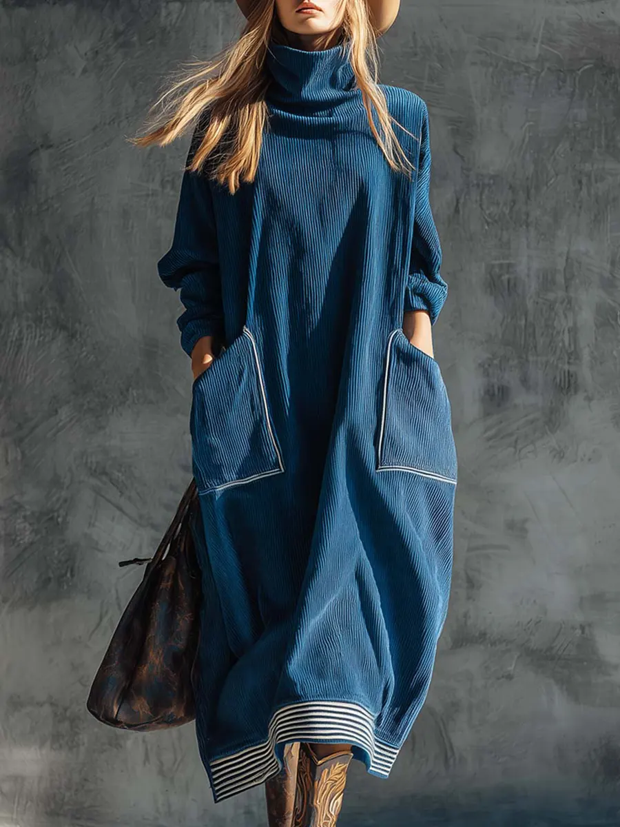 Women's Solid Color High Neck Long Sleeve Casual Loose Pocket Dress