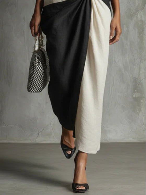 V-neck color-blocked short-sleeved dress