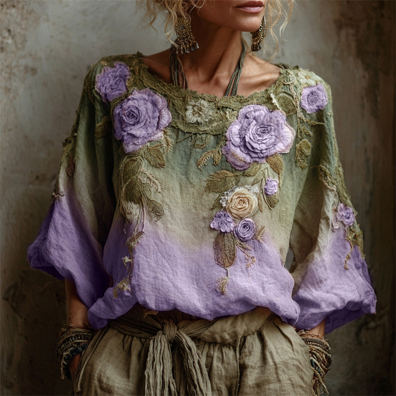 Vintage Pink Roses Forest Gradient Linen Tunic