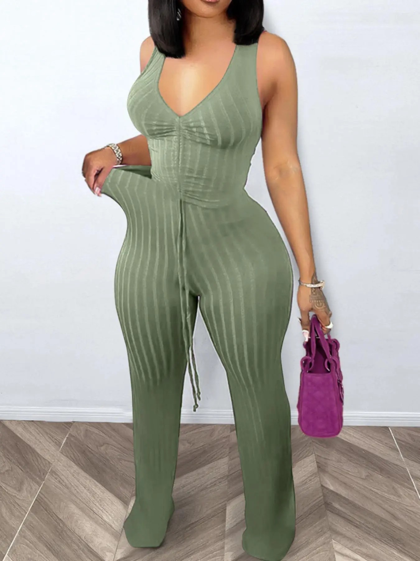 Women's Solid Ribbed Ruched Drawstring Crop Tank Top & High-Waisted Pants Set