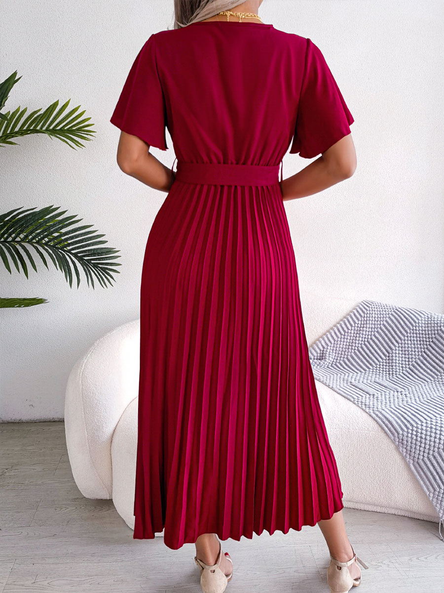 Women's Casual Cross V-neck Ruffled Pleated Dress