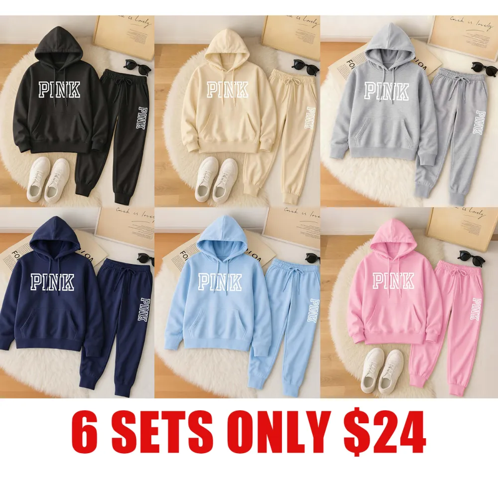 Women’s Pink Printed Hoodie & Drawstring Pants Casual Set