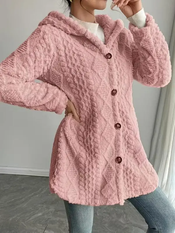 Women's Fall Winter Warm Fashion Jacquard Hooded Cardigan Long Sleeve Coat