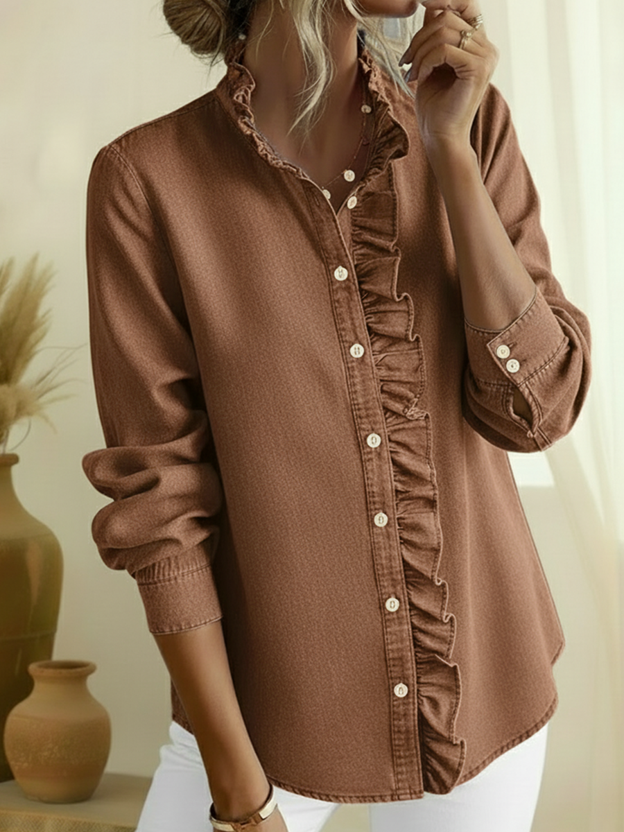 Elegant Lace-collared Denim Shirt Top