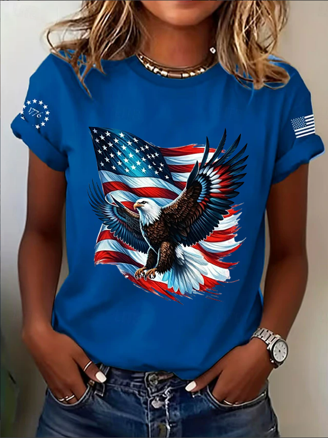 Women's Short Sleeve T-shirt Summer Blue Independence Day (Flag) Printing Jersey Crew Neck Daily Going Out Casual Top