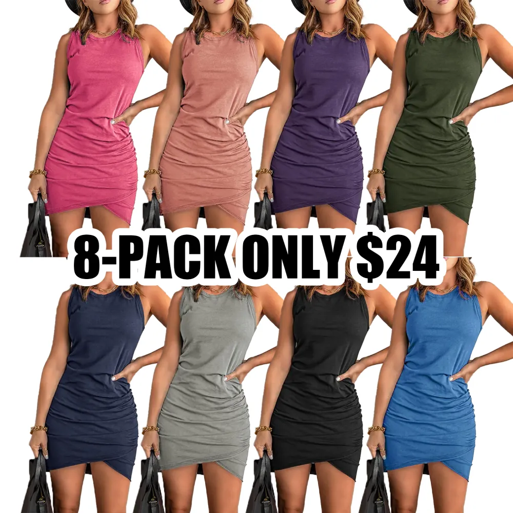 Women's Ruched Wrap Tank Sundress – Sleeveless Bodycon Summer Dress with Elastic Fit for Daily Casual Wear