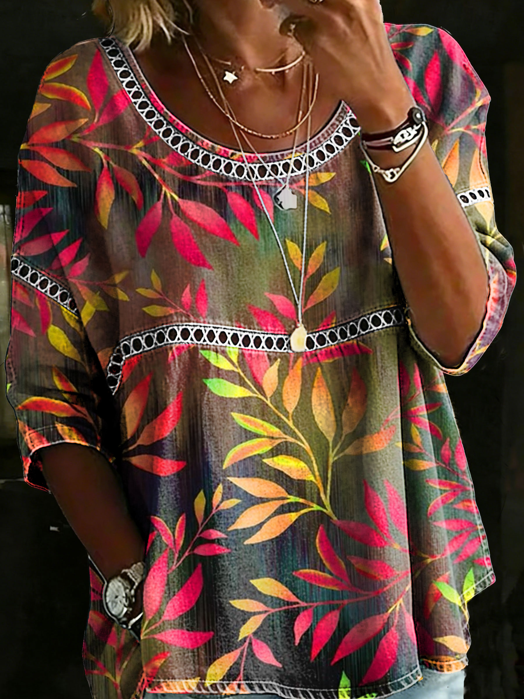 Women's Vintage Leaves Casual Loose Denim Blouse Shirt