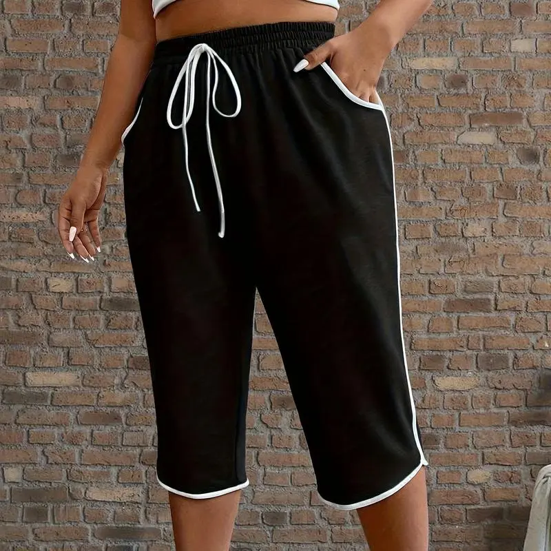 Women’s Plus Size Color Block Drawstring Capri Sports Pants