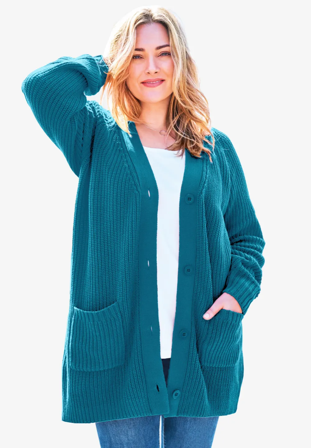Button-Front Shaker Cardigan