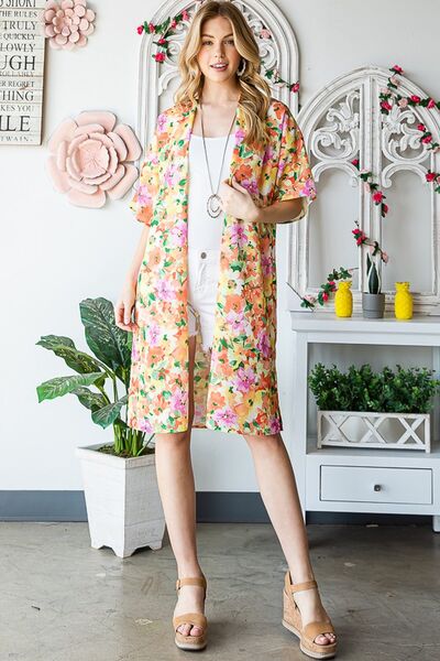 Full Size Half Sleeve Multi Color Floral Open Cardigan