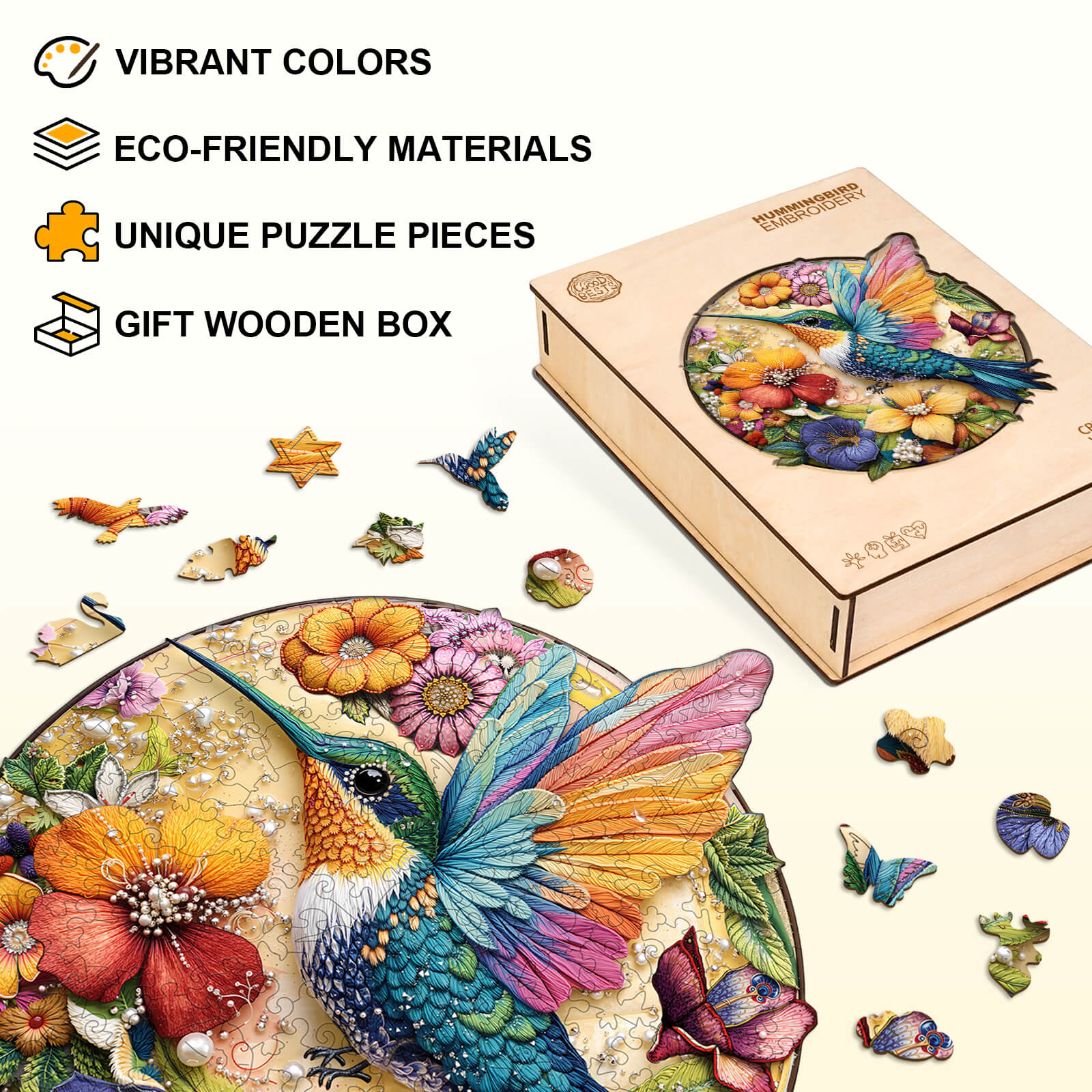Hummingbird embroidery Wooden Jigsaw Puzzle