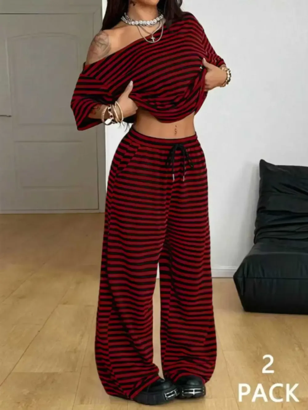 Women's Casual Streetwear Two-Piece Set, Comfortable Shoulder-Exposed Top & Wide-Leg Pants