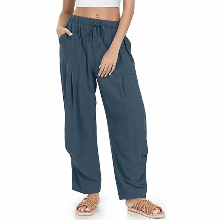 🧺 Women's Linen Harem Pants – Summer Drawstring Wide-Leg Lounge Trousers with Pockets