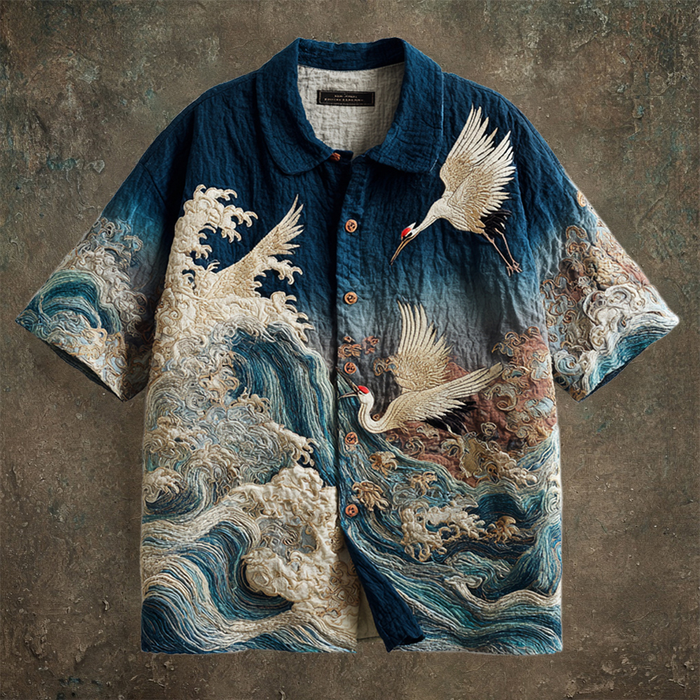 Vintage Japanese Crane Art Men's Linen Short Sleeve Shirt