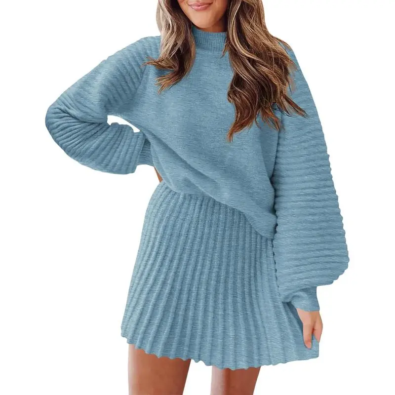 Women's 2 Piece Outfits 2025 Long Sleeve Mock Neck Ribbed Sweaters And Mini Skirt Two Piece Sets