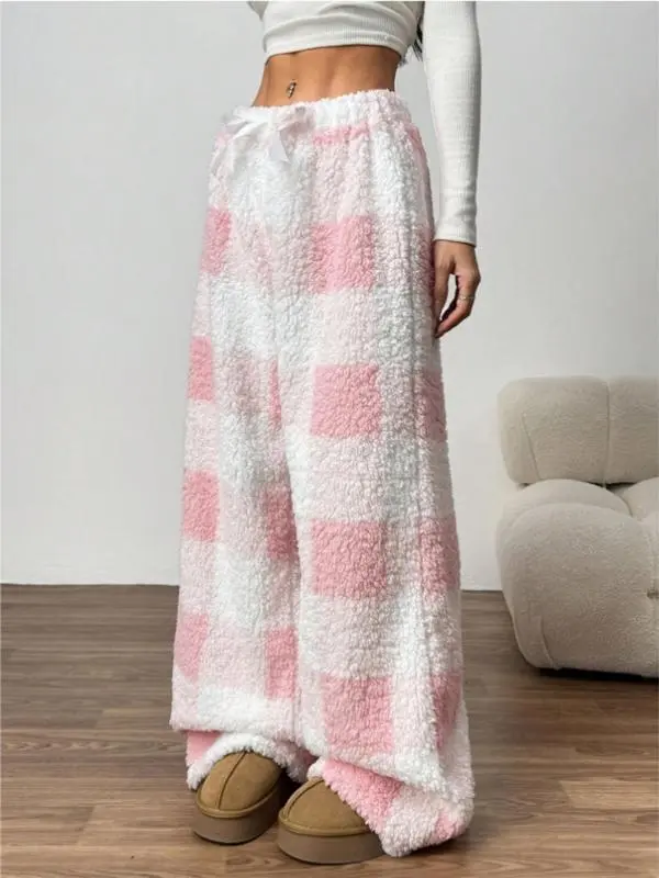 Winter New Vintage Plaid Elastic Straight Loose Thick Warm Casual Pants