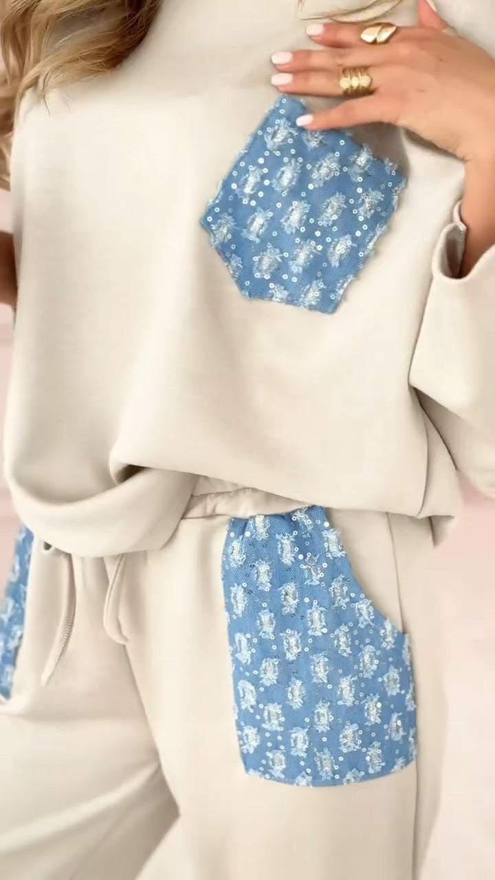 Women's Round Neck Patchwork Top + Drawstring Pants Casual Commuter Suit