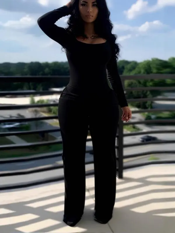 Women’s Fitted Long Sleeve Jumpsuit with Low Neck & Pockets