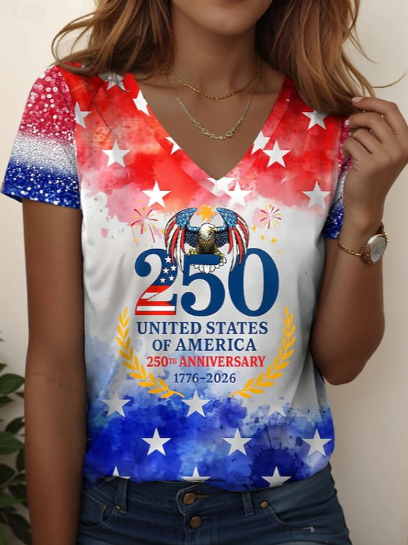 Women's Short Sleeve T-shirt Summer As Picture Text Letters Printing V Neck Holiday Going Out Vintage Top