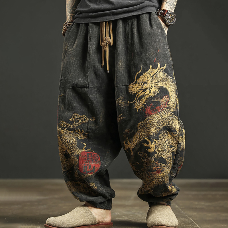 Men's Japanese Dragon Art Print Cuffed Pants