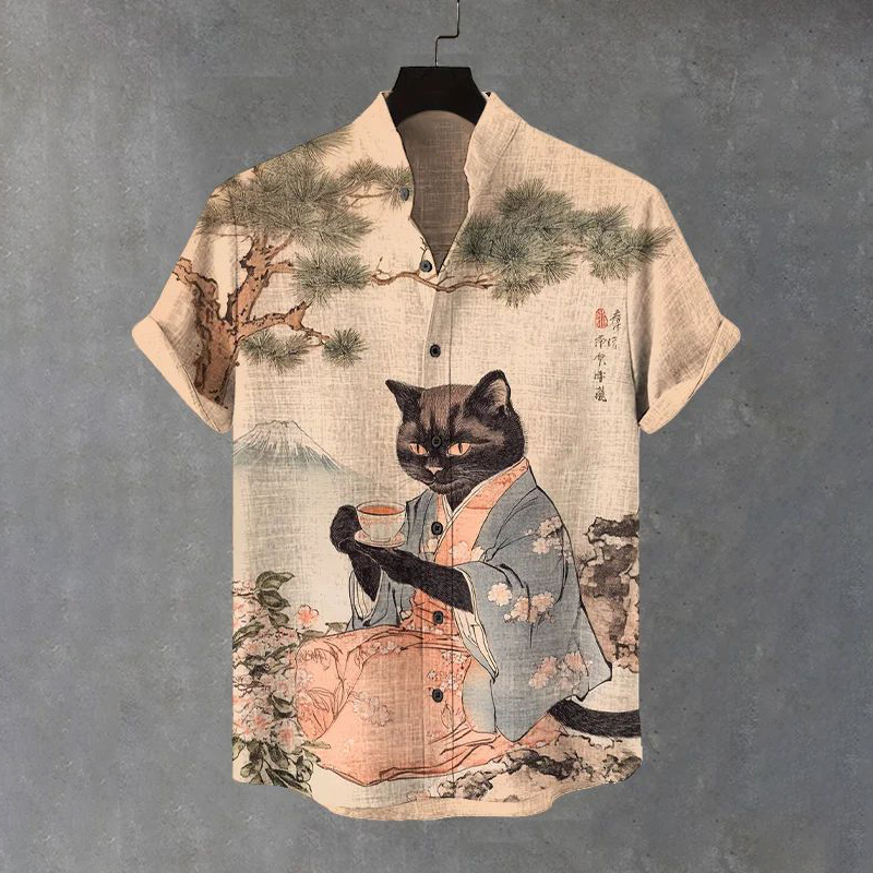 Men's Black Cat Drinking Tea Japanese Art Print Casual Shirt