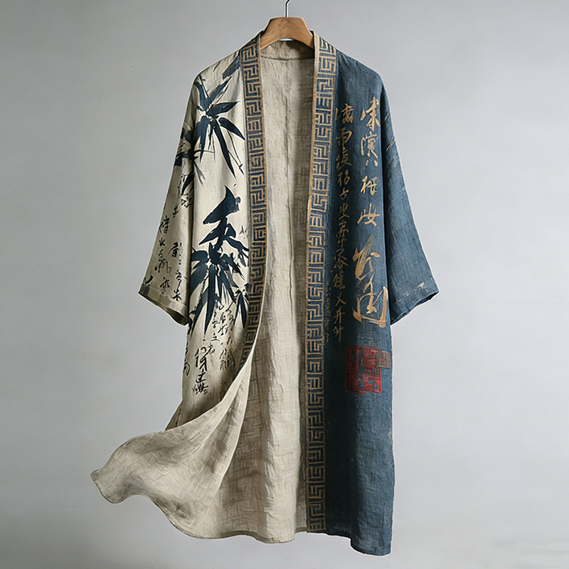 Retro Japanese Bamboo Leaf And Calligraphy Pattern Casual Kimono