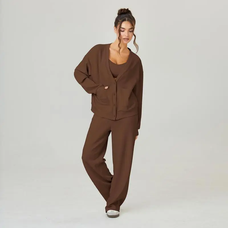 Women's Slouchy Solid Color V Neck Long Sleeve Button Cardigan & Drawstring Waist Trousers Co-ord
