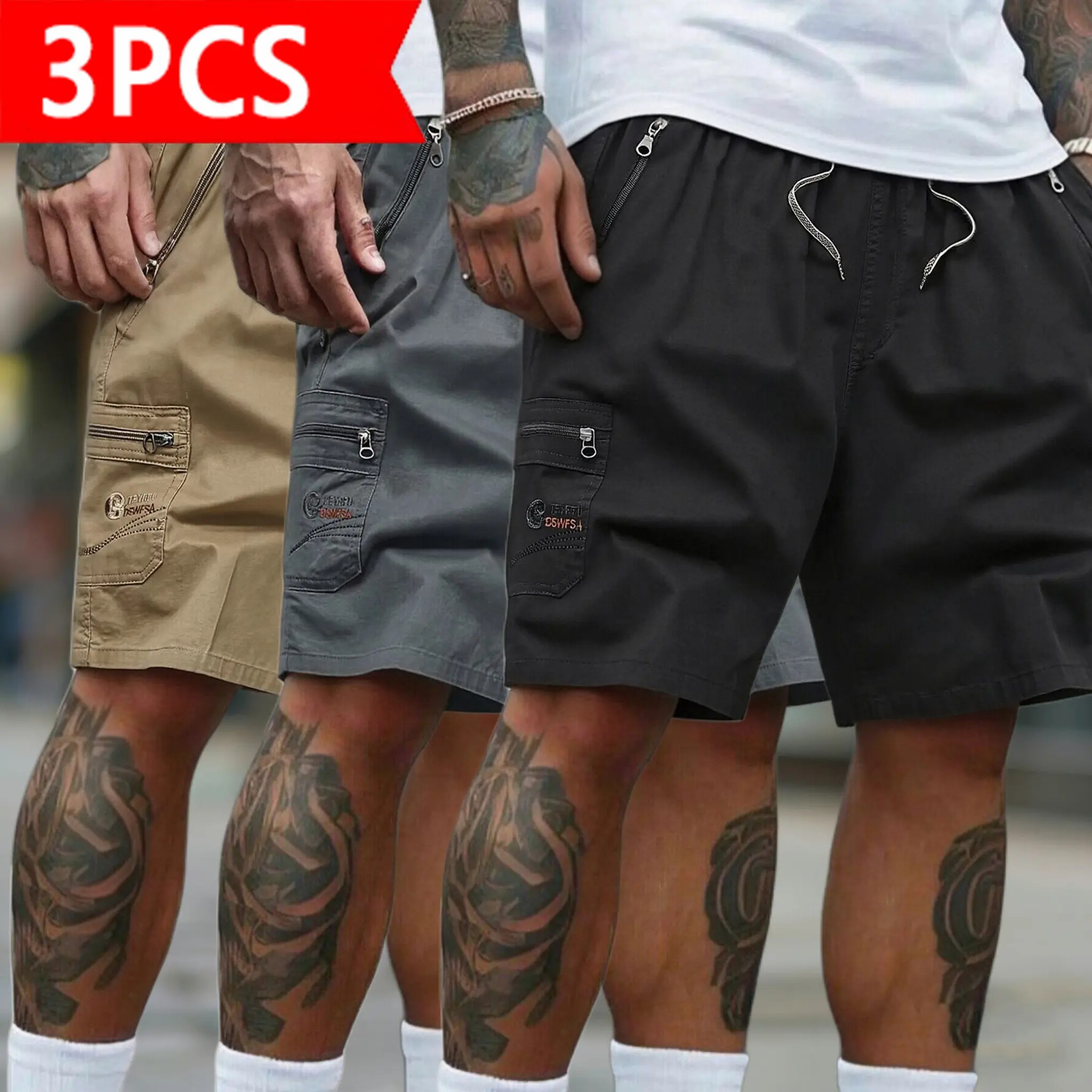 Men's 5-Pack Cargo Shorts | Casual Drawstring Elastic Waist Shorts with Zipper Pockets | Quick Dry Lightweight Streetwear for Summer, Beach, Daily Wear & Outdoor Activities