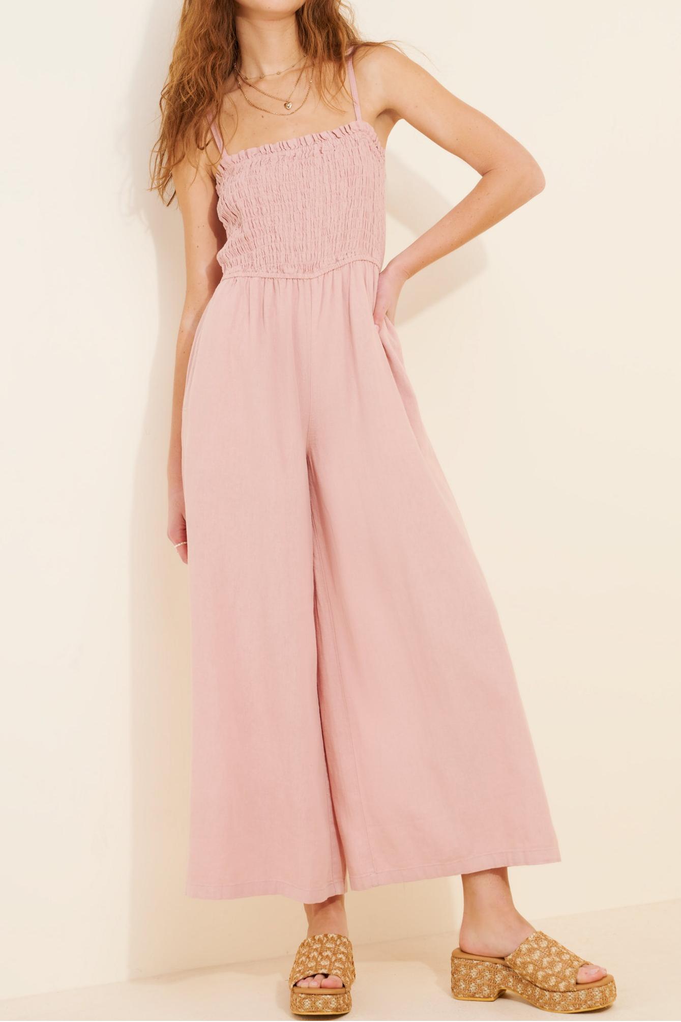 Smocked Linen Blend Wide-Leg Jumpsuit