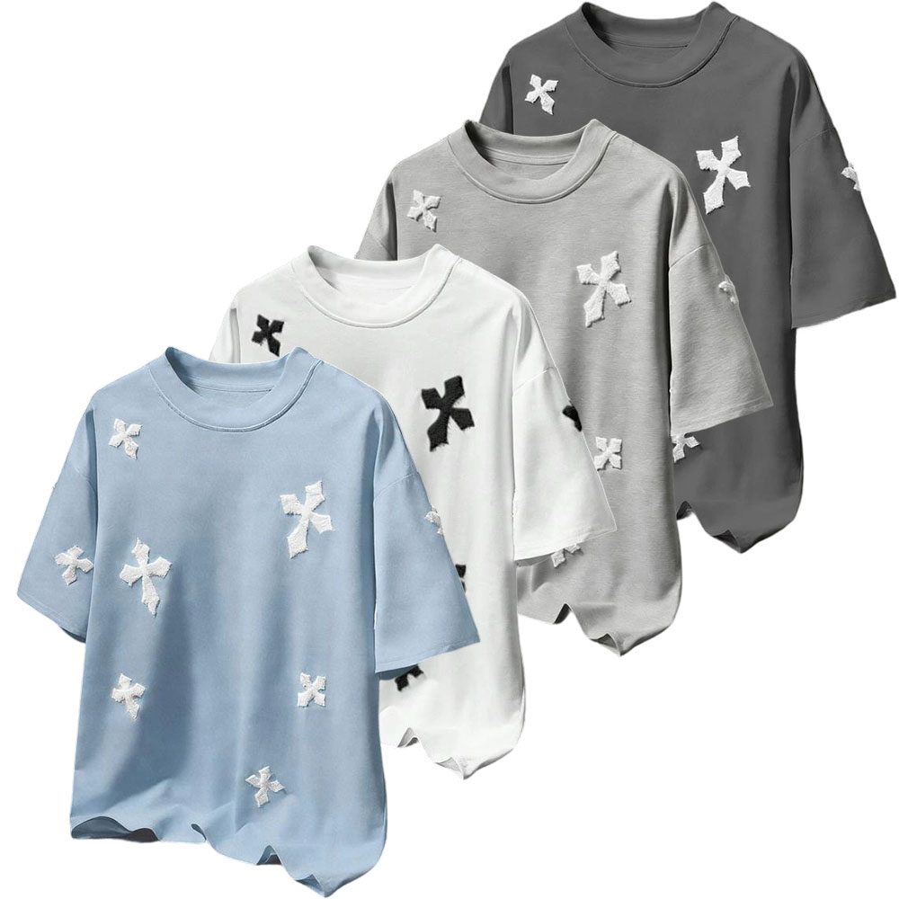 Men's Cross Stitch Embroidered Solid Color Round Neck T-Shirt