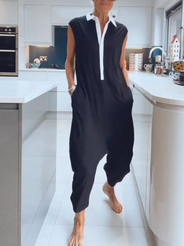 Women's Black and White Jumpsuit Sleeveless Plus Size Jumpsuit