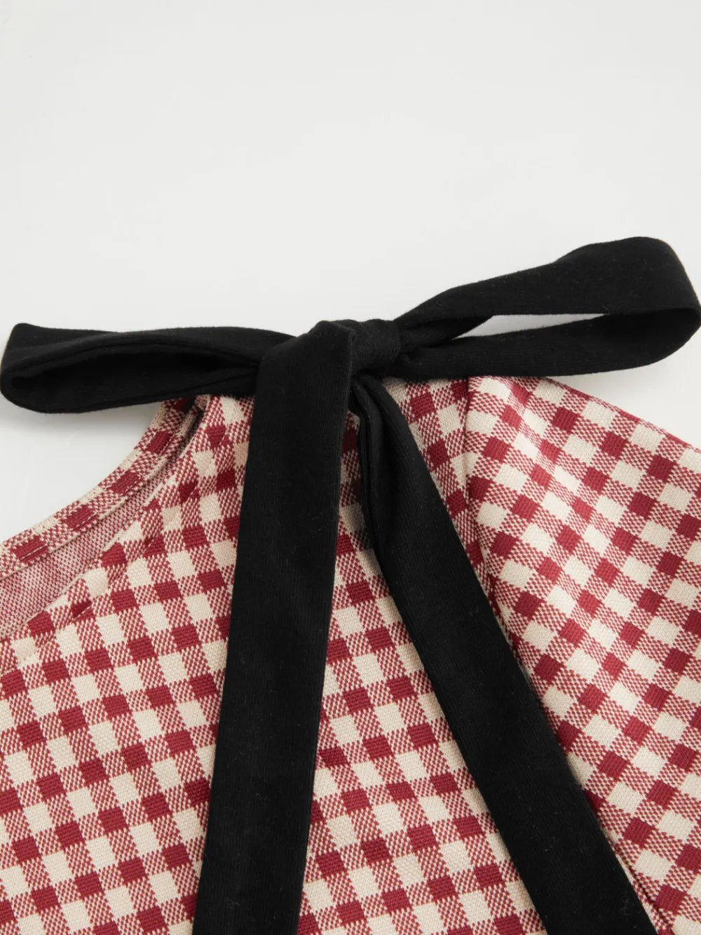 Boat Neck Gingham Bowknot Ruched Long Sleeve Top