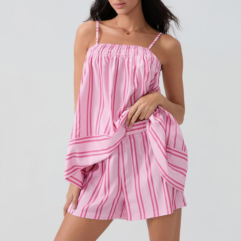 Outdoorfun Women Shorts Set, Striped Camisole with Elastic Waist Shorts Summer Outfit Sleeveless Fashion Womenswear Gorgeous Tops Clothes