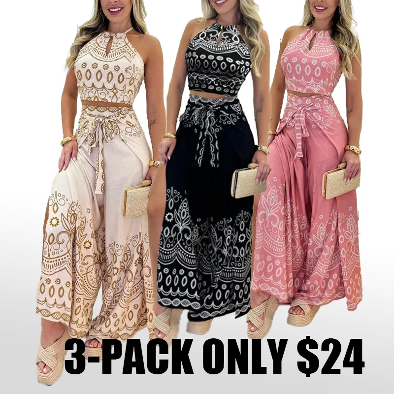 CHICME Women's Tribal Print 2-Piece Set – Sleeveless Keyhole Top & Slit Wide-Leg Pants, Vacation Outfit