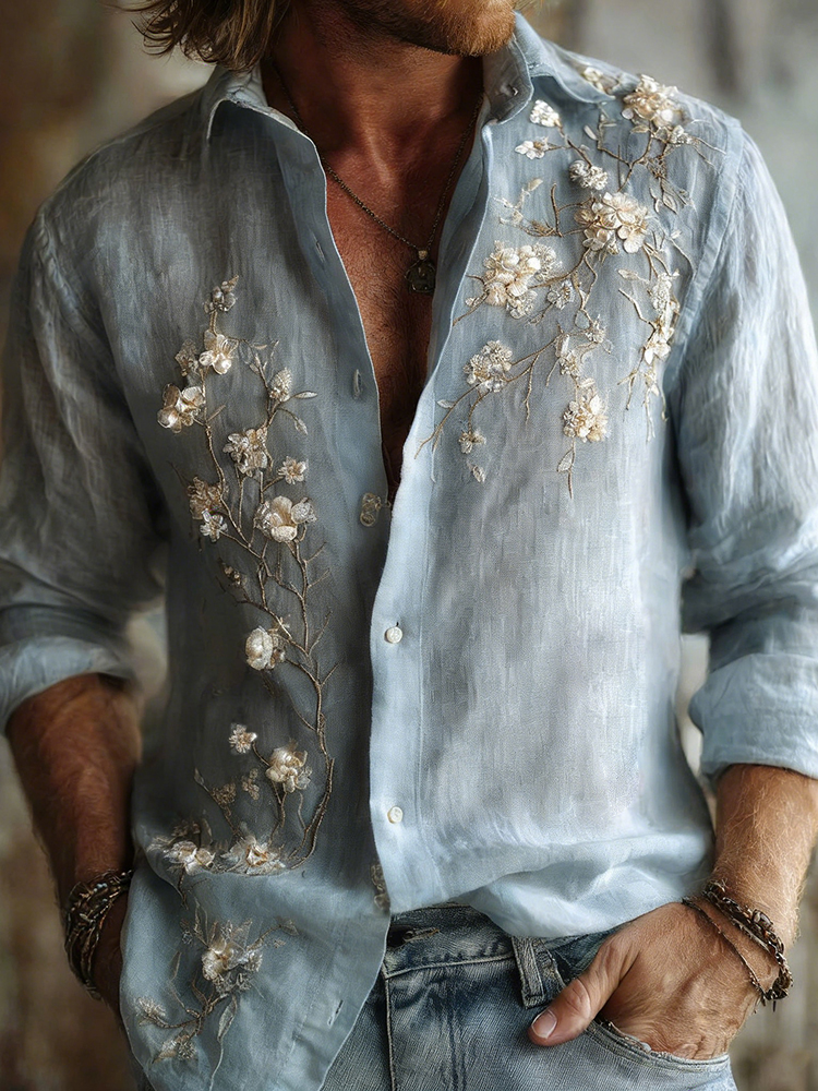Men's Retro Apricot Blossom Art Linen Shirt
